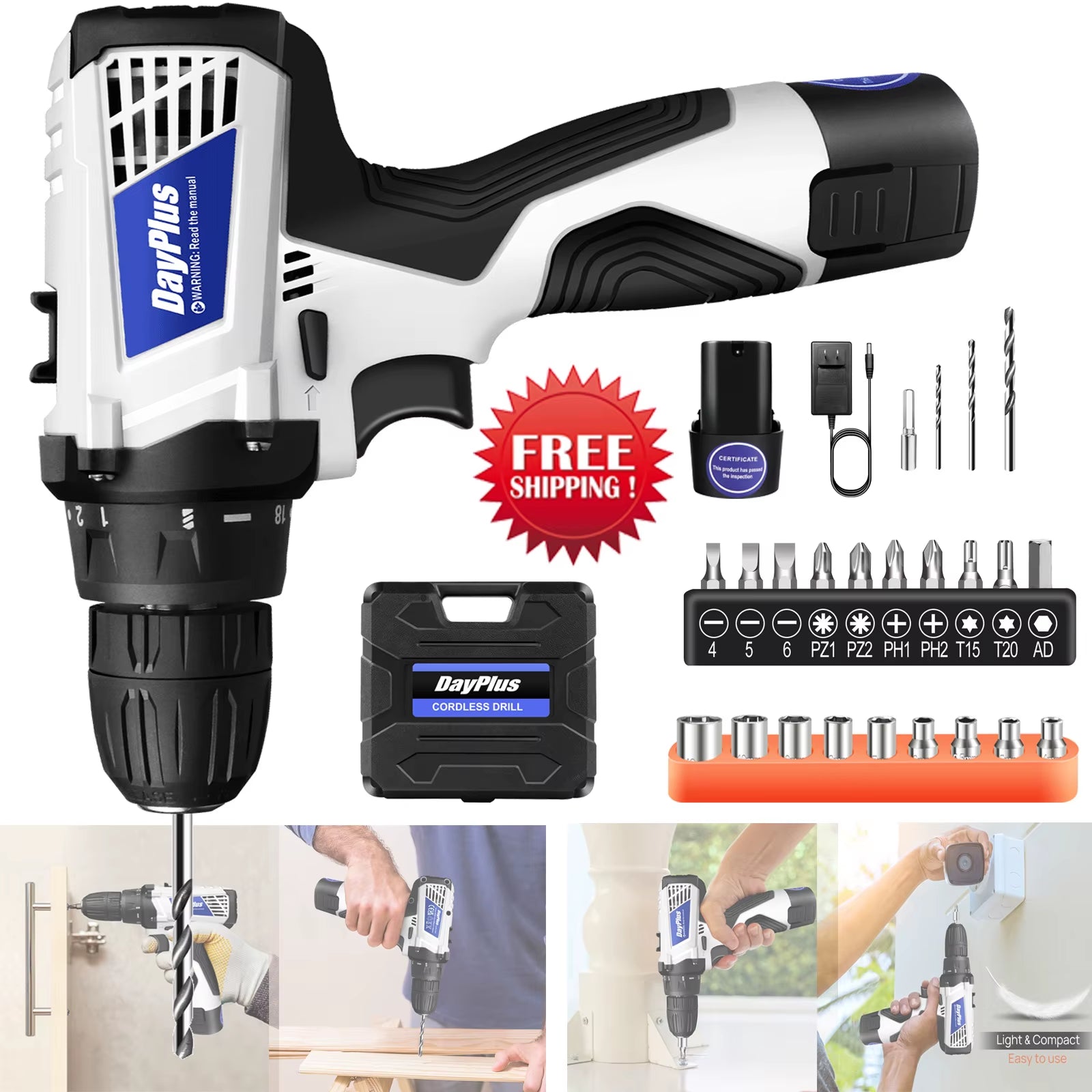 Powerful Cordless Drill Driver Kit - 2-in-1 Electric Screwdriver with 45 N.M Torque, Dual Speed, and Keyless Chuck
